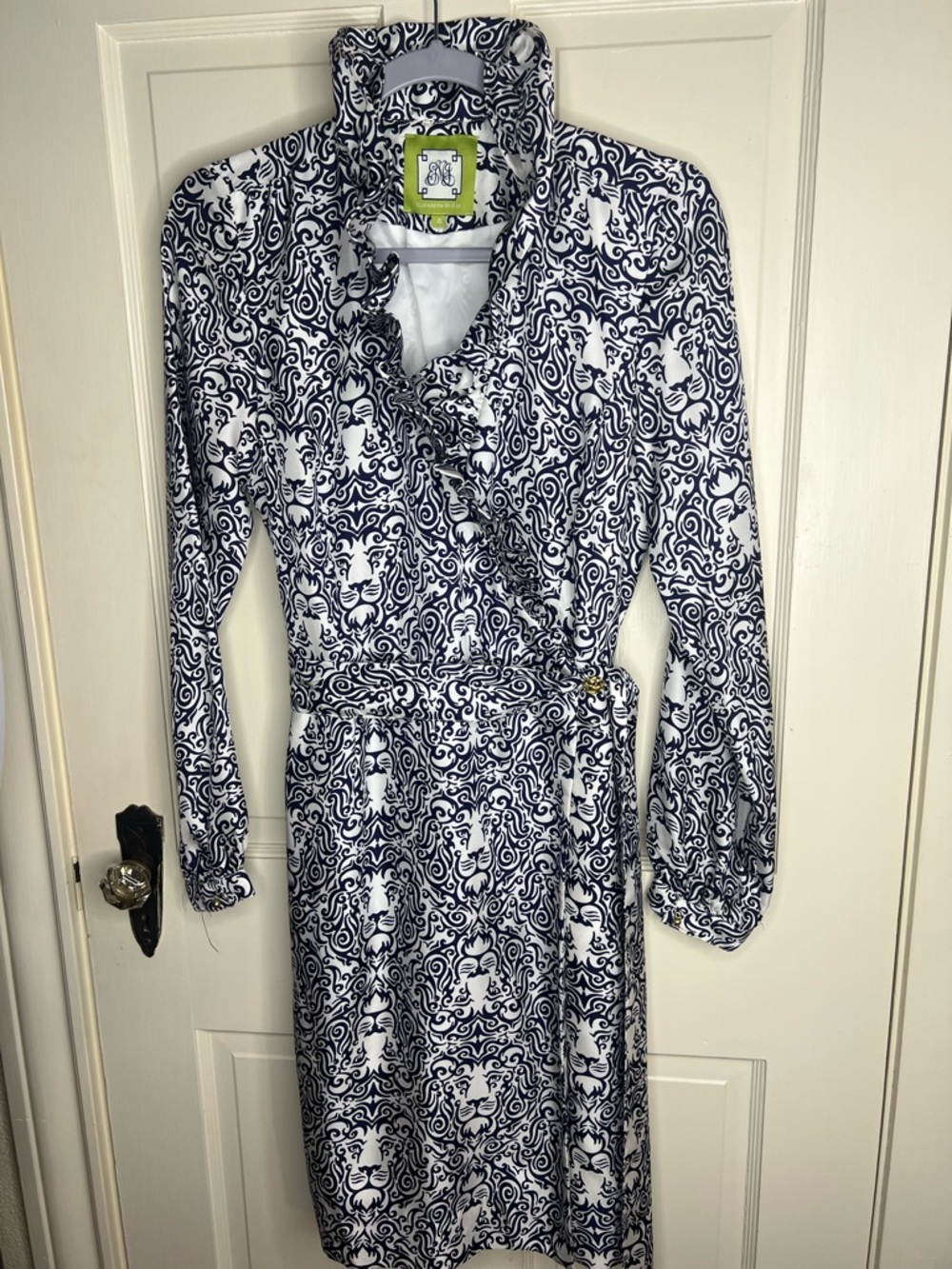 Elizabeth McKay Scotland Silk Twill Navy and White Long Sleeve Wrap Dress Sz 4